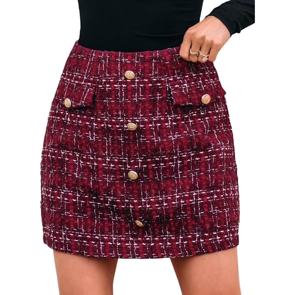 imageCUPSHE Women Mini Plaid Skirts Tweed High Waist Bodycon Pencil Hem Spring Summer Dressy Outfits ShortsRed