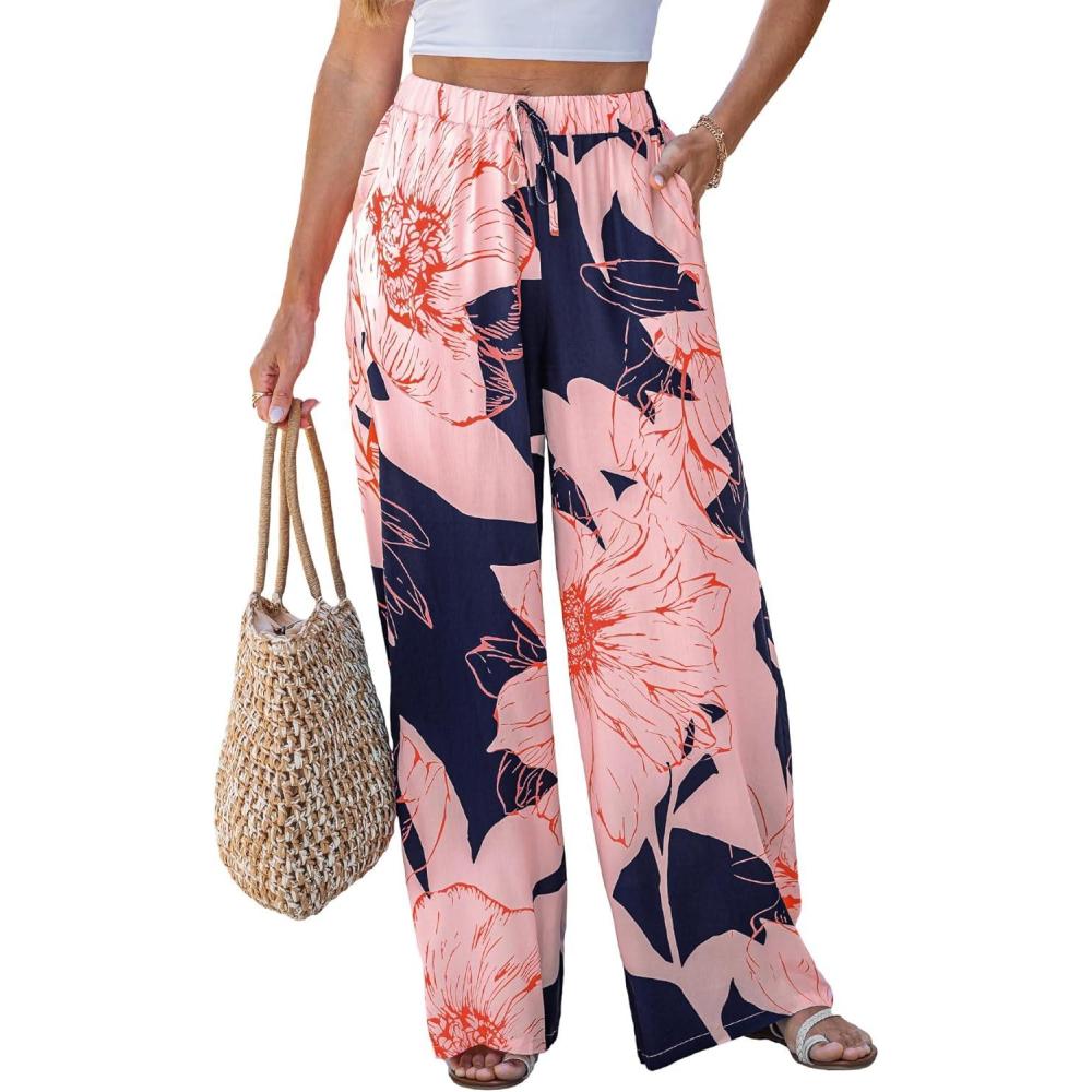 imageCUPSHE Women Wide Leg Beach Pants Tropical Floral Plus Size Pants with Pockets Vacation Casual DressyPinkflower