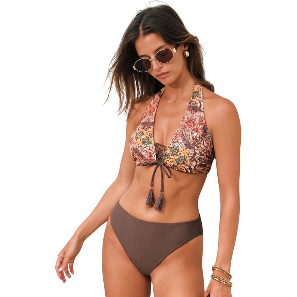 imageCUPSHE Womens Bikini Set Sexy Two Piece Swimsuit Halter Strap Self Tie Bathing Suit Full CoverageBrownEthnic