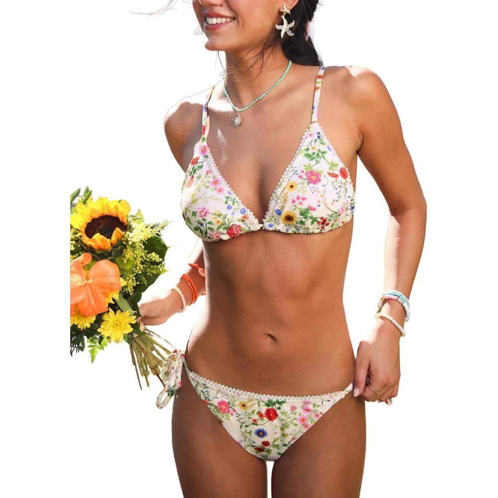 imageCUPSHE Womens Bikini Set Sexy Two Piece Swimsuit V Neck Back Self Tie Bathing Suit Low Rise High Leg Cut CheekyWhiteFloral