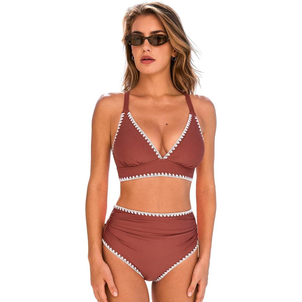 imageCUPSHE Womens Bikini Sets High Waisted Swimsuit Deep V Neck Crisscross Back Tie Stitching Ruched Full CoverageRust Red
