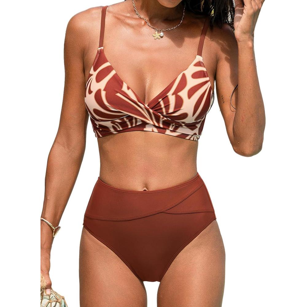 imageCUPSHE Womens Bikini Sets Two Piece Swimsuit High Waisted V Neck Twist Front Adjustable Spaghetti Straps Bathing SuitMaroon Red Floral