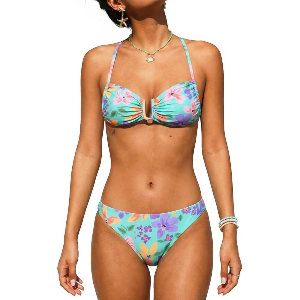 imageCUPSHE Womens Bikini Sets Two Piece Swimsuit Low Rise Bathing Suit U Wire Self Tie Back SwimwearMint GreenFloral