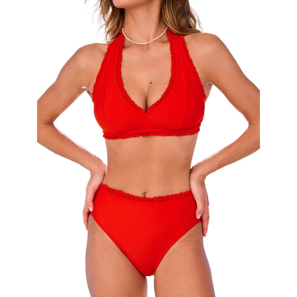 imageCUPSHE Womens Bikini Sets V Neck Two Piece Ruffle Halter Back Hook Mid Rise Bathing SuitSolid Red