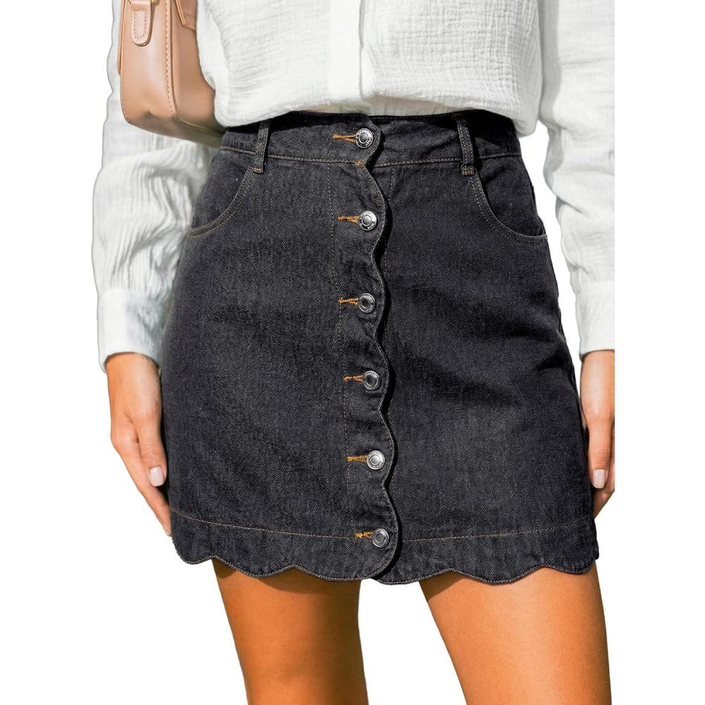 imageCUPSHE Womens Denim Mini Skirt Button Front ALine Jean High Waist Scalloped Hem Casual OutfitsBlack