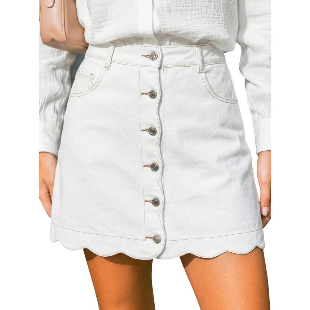 imageCUPSHE Womens Denim Mini Skirt Button Front ALine Jean High Waist Scalloped Hem Casual OutfitsWhite