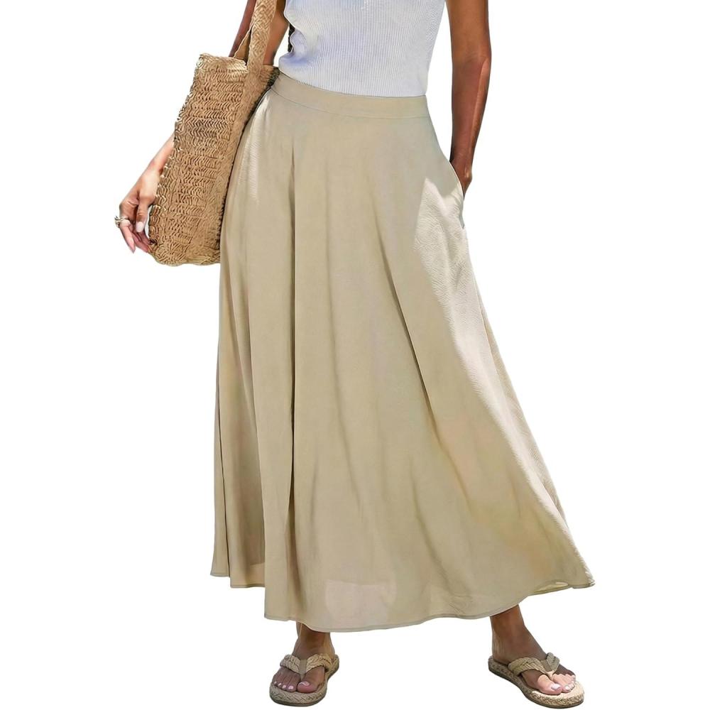 imageCUPSHE Womens High Waisted Midi Skirts Summer Business Skirt Flare Work A Line Dressy SkirtKhaki