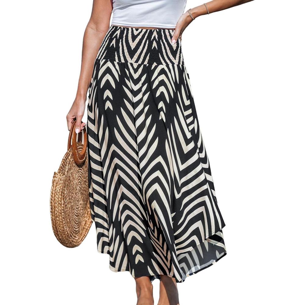 imageCUPSHE Womens Summer Maxi Skirt Abstract Irregular Hem Strapless Dress High Waist Smocked Coverup Casual Midi SkirtBlack