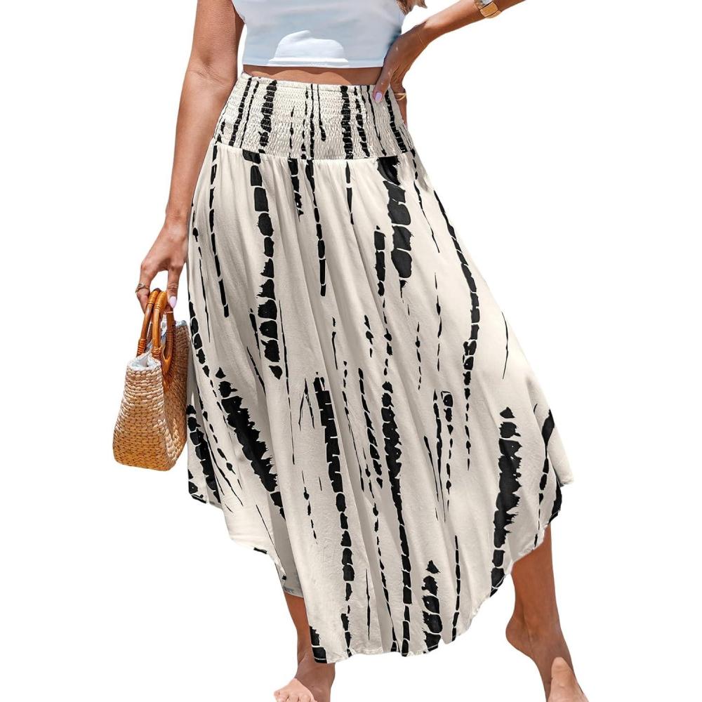 imageCUPSHE Womens Summer Maxi Skirt Abstract Irregular Hem Strapless Dress High Waist Smocked Coverup Casual Midi SkirtBlack Floral