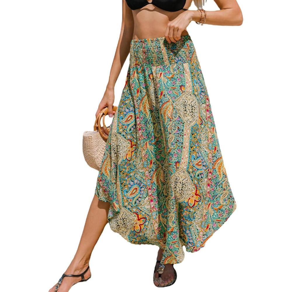 imageCUPSHE Womens Summer Maxi Skirt Abstract Irregular Hem Strapless Dress High Waist Smocked Coverup Casual Midi SkirtColorful