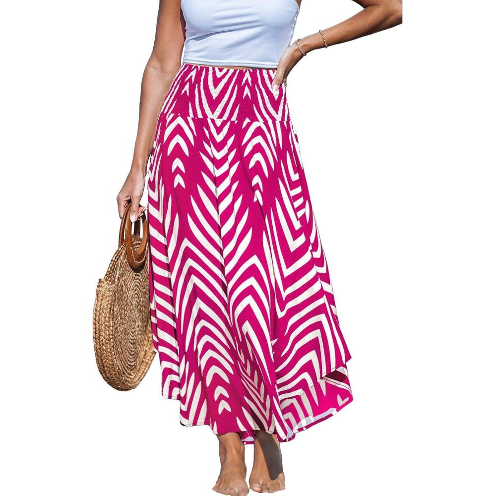 imageCUPSHE Womens Summer Maxi Skirt Abstract Irregular Hem Strapless Dress High Waist Smocked Coverup Casual Midi SkirtPink