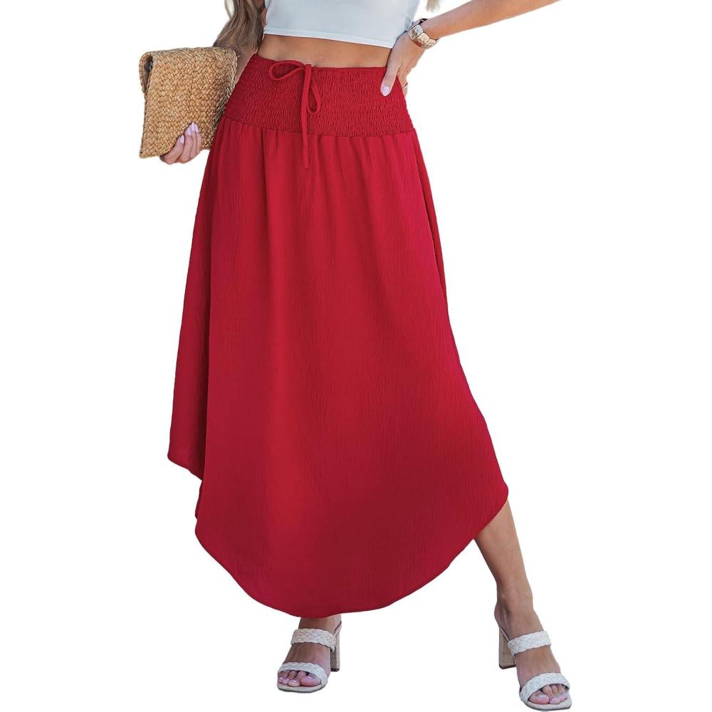 imageCUPSHE Womens Summer Maxi Skirt Abstract Irregular Hem Strapless Dress High Waist Smocked Coverup Casual Midi SkirtRed