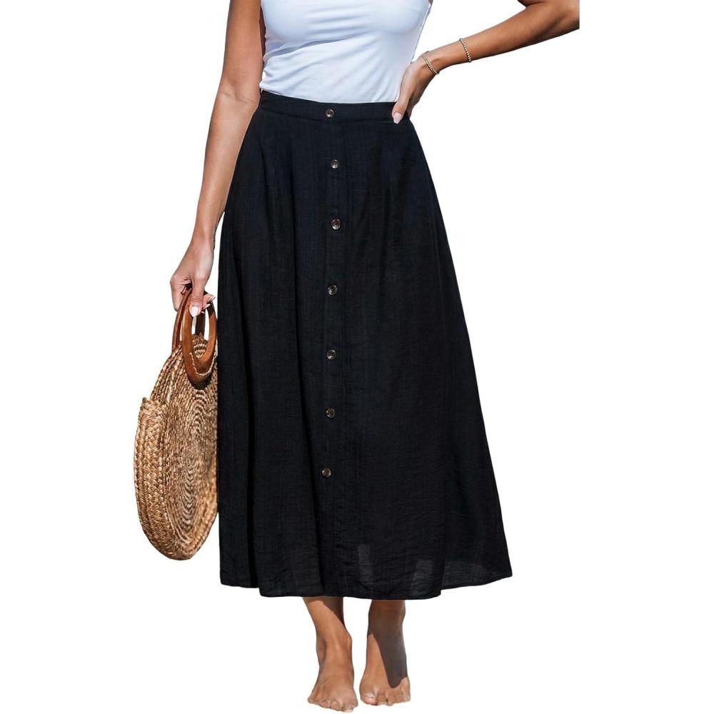 imageCUPSHE Womens Summer Skirt Elastic High Waisted ALine Midi Skirt Button Front Flowy Long Skirts Casual DressyBlack