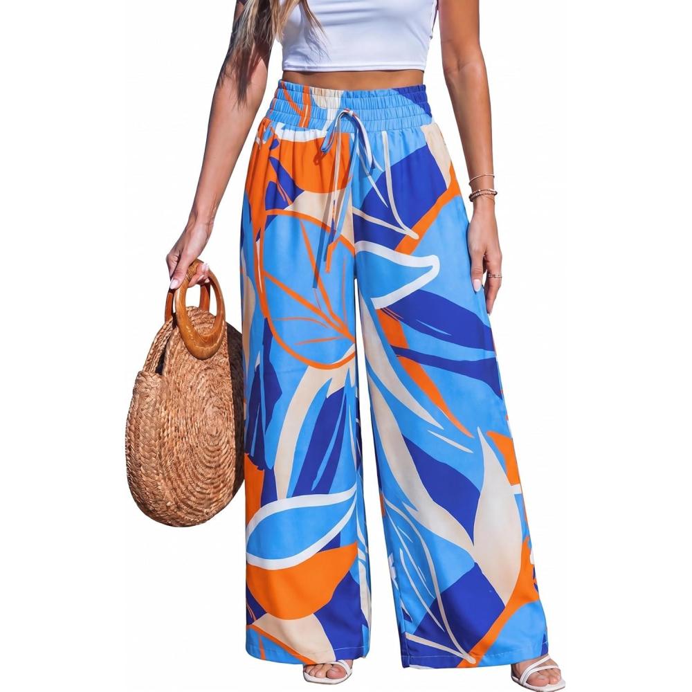 imageCUPSHE Womens Wide Leg Palazzo Pants Elastic High Waisted Summer Boho Tropical Beach Flowy TrousersAbstract Blue