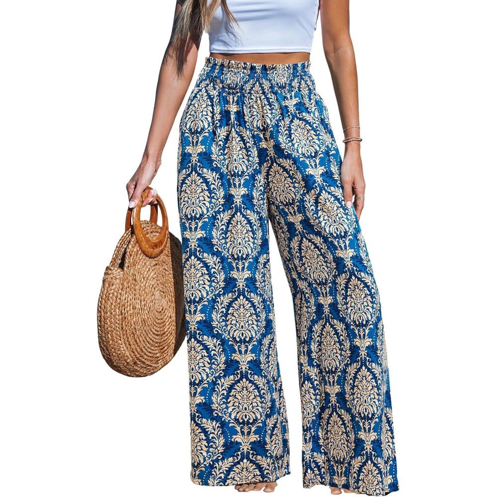 imageCUPSHE Womens Wide Leg Palazzo Pants Elastic High Waisted Summer Boho Tropical Beach Flowy TrousersBlue Print