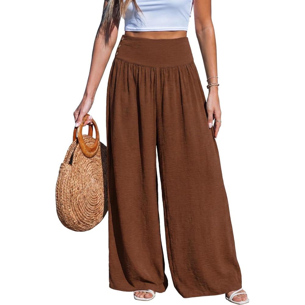 imageCUPSHE Womens Wide Leg Palazzo Pants Elastic High Waisted Summer Boho Tropical Beach Flowy TrousersBrown