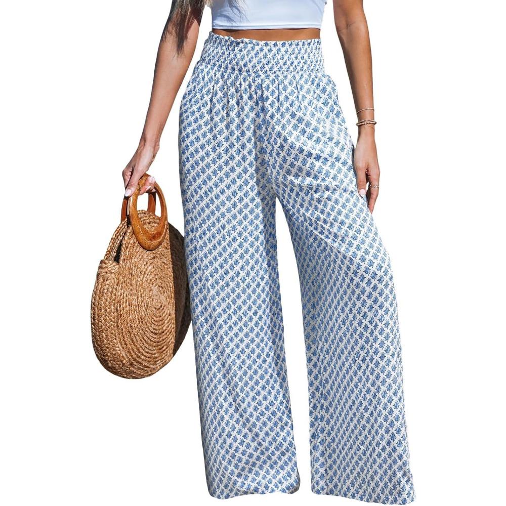 imageCUPSHE Womens Wide Leg Palazzo Pants Elastic High Waisted Summer Boho Tropical Beach Flowy TrousersCheckered Blue