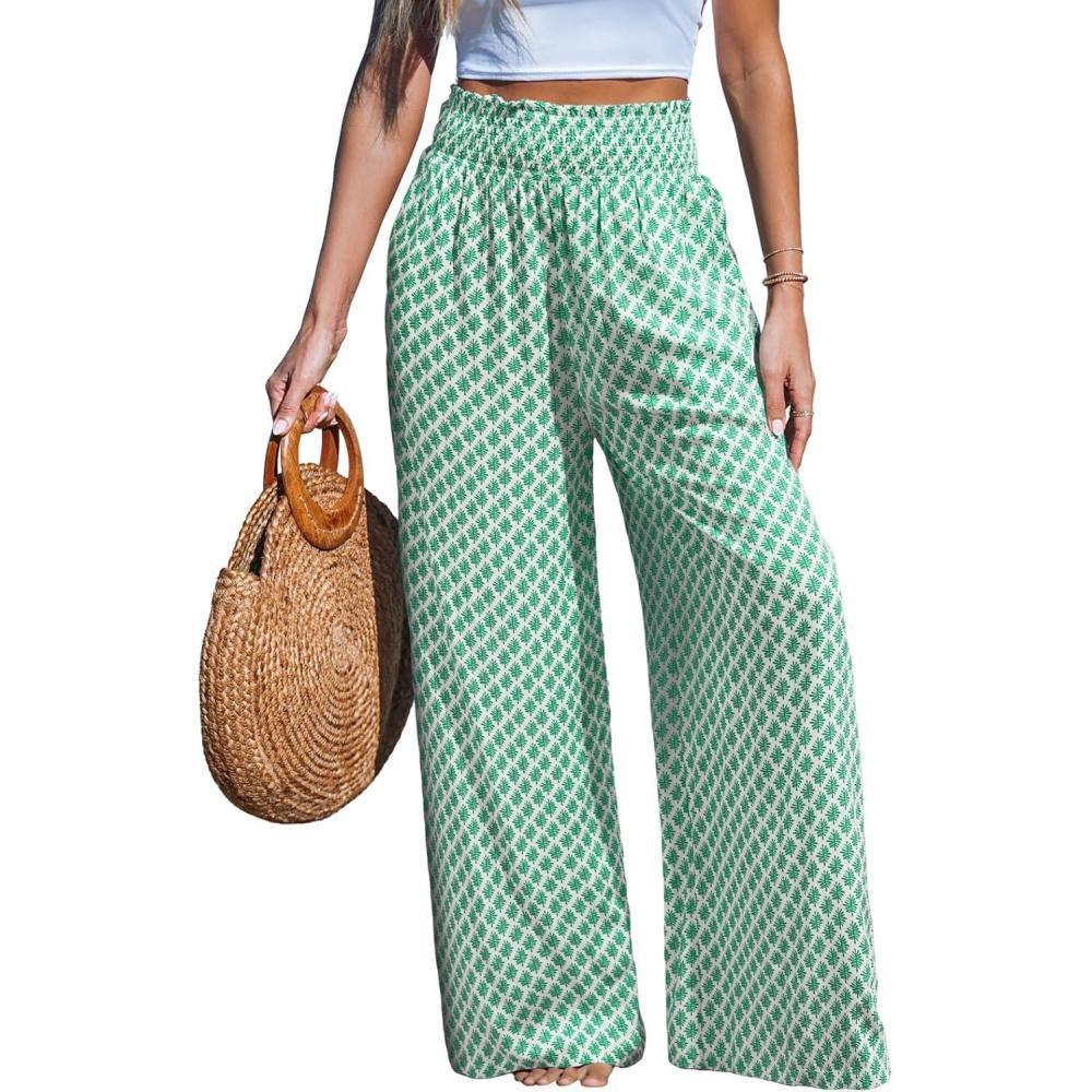 imageCUPSHE Womens Wide Leg Palazzo Pants Elastic High Waisted Summer Boho Tropical Beach Flowy TrousersCheckered Green