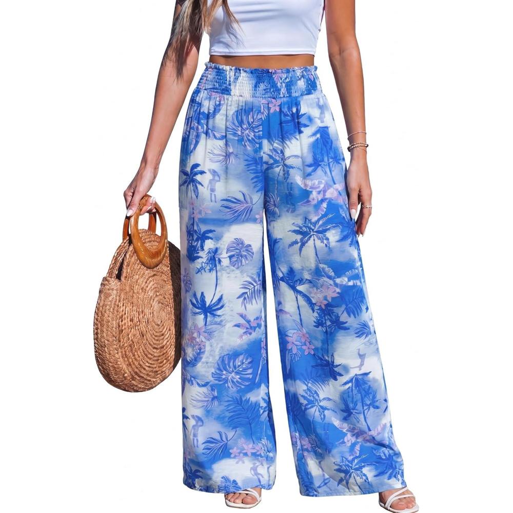 imageCUPSHE Womens Wide Leg Palazzo Pants Elastic High Waisted Summer Boho Tropical Beach Flowy TrousersOcean Blue