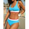 CUPSHE Women’s Bikini Set Sporty Two Piece Swimsuit Scoop Neck Color Block Bathing Suit Back Self Tie Textured(Sky Blue/White)