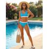 CUPSHE Women’s Bikini Set Sporty Two Piece Swimsuit Scoop Neck Color Block Bathing Suit Back Self Tie Textured(Sky Blue/White)