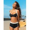 CUPSHE Women’s Bikini Set with Boy Short Sporty Two Piece Swimsuit Color Block Halter Bathing Suit Full Coverage(Black/White)