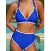 CUPSHE Women’s Bikini Sets High Waisted Swimsuit Deep V Neck Crisscross Back Tie Stitching Ruched Full Coverage(Royal Blue)