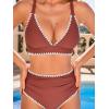 CUPSHE Women’s Bikini Sets High Waisted Swimsuit Deep V Neck Crisscross Back Tie Stitching Ruched Full Coverage(Rust Red)