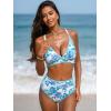 CUPSHE Women’s Bikini Sets High Waisted Swimsuit Deep V Neck Crisscross Back Tie Stitching Ruched Full Coverage(White/Light Blue)