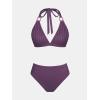 CUPSHE Women’s Two Piece Bikini Sets V Neck Bathing Suits Textured Halter Side Shirred Back Hook Adjustable Straps(Purple)