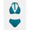 CUPSHE Women’s Two Piece Bikini Sets V Neck Bathing Suits Textured Halter Side Shirred Back Hook Adjustable Straps(Teal Blue)