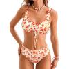 CUPSHE Women’s Bikini Set Cute Two Piece Swimsuit V Neck Ruffle Trim Bathing Suit Front Drawstring Back Hook(Burnt Orange/Floral)