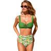 CUPSHE Women’s Bikini Set High Waisted Tummy Control Two Piece Swimsuit V Wire Bathing Suit Back Hook Ruched(Dark Green/Floral)
