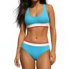 CUPSHE Women’s Bikini Set Sporty Two Piece Swimsuit Scoop Neck Color Block Bathing Suit Back Self Tie Textured(Sky Blue/White)