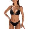 CUPSHE Women’s Bikini Set Two Piece Swimsuit V Neck Mesh Panel Sexy Bathing Suit Back Hook High Leg Textured(Black)