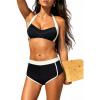 CUPSHE Women’s Bikini Set with Boy Short Sporty Two Piece Swimsuit Color Block Halter Bathing Suit Full Coverage(Black/White)