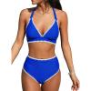CUPSHE Women’s Bikini Sets High Waisted Swimsuit Deep V Neck Crisscross Back Tie Stitching Ruched Full Coverage(Royal Blue)