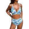 CUPSHE Women’s Bikini Sets High Waisted Swimsuit Deep V Neck Crisscross Back Tie Stitching Ruched Full Coverage(White/Light Blue)