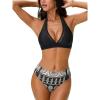 CUPSHE Women’s Bikini Sets Two Piece High Waisted Swimsuit Deep V Neck Back Self Tie Halter Ladder Trim Bathing Suit(Black Boho)