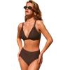 CUPSHE Women’s Bikini Sets Two Piece Swimsuit High Waisted Bathing Suit Triangle V Neck Back Hook Textured(Chocolate Brown)