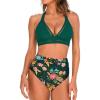 CUPSHE Women’s Bikini Sets Two Piece Swimsuit High Waisted Bathing Suit V Neck Cutout Halter Back Tie(Green/Floral)
