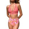 CUPSHE Women’s Bikini Sets Two Piece Swimsuit High Waisted Bathing Suit V Neck Cutout Halter Back Tie(Pink/Floral)