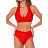 CUPSHE Women’s Bikini Sets V Neck Two Piece Ruffle Halter Back Hook Mid Rise Bathing Suit(Solid Red)