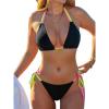 CUPSHE Women’s Bikini Sets V Neck Two Piece Textured Back Hook Color Block Self Tie Halter Bathing Suit(Black)