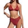 CUPSHE Women’s Two Piece Bikini Sets V Neck Bathing Suits Textured Halter Side Shirred Back Hook Adjustable Straps(Ruby Red)