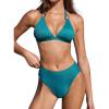 CUPSHE Women’s Two Piece Bikini Sets V Neck Bathing Suits Textured Halter Side Shirred Back Hook Adjustable Straps(Teal Blue)