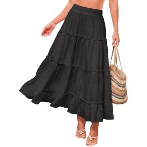CUPSHE Maxi Skirts for Women 2026 Summer Floral Casual Pleated High Waisted Flowy Long Skirt Beach Vacation Cruise(Black)