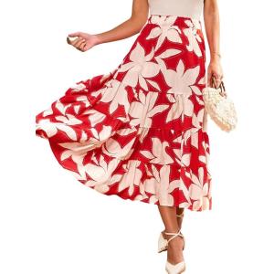 CUPSHE Maxi Skirts for Women 2026 Summer Floral Casual Pleated High Waisted Flowy Long Skirt Beach Vacation Cruise(Red)