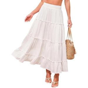 CUPSHE Maxi Skirts for Women 2026 Summer Floral Casual Pleated High Waisted Flowy Long Skirt Beach Vacation Cruise(White)
