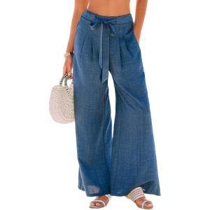 CUPSHE Palazzo Pants for Women with Pockets Casual Smocked Waist Wide Leg Pants Summer Loose Beach Vacation Pant(Blue)